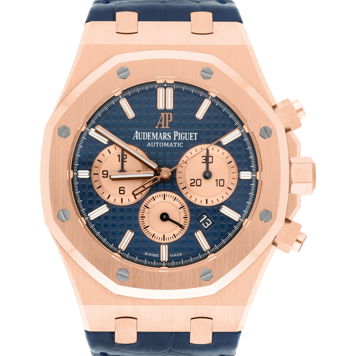 Audemars Piguet Royal Oak Chronograph Blue Dial Blue Leather Rose Gold Watch Replica