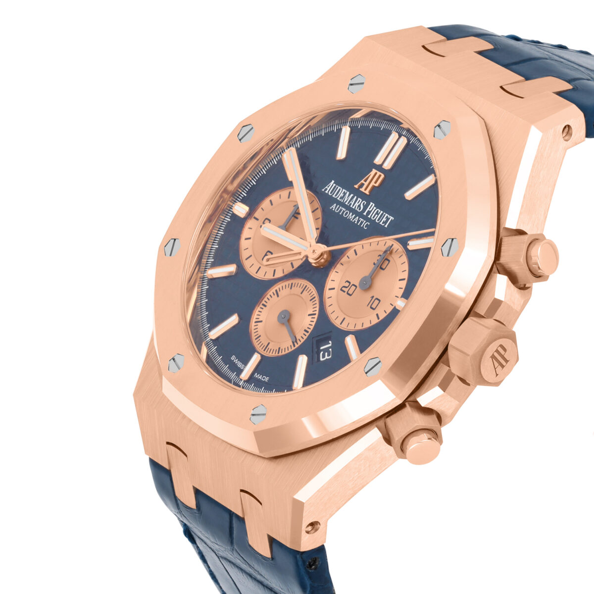 Audemars Piguet Royal Oak Chronograph Blue Dial Blue Leather Rose Gold Watch Replica