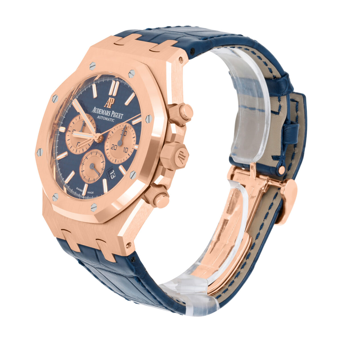Audemars Piguet Royal Oak Chronograph Blue Dial Blue Leather Rose Gold Watch Replica