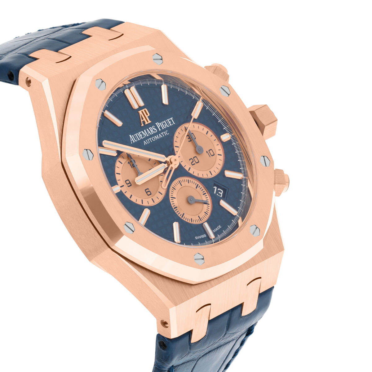 Audemars Piguet Royal Oak Chronograph Blue Dial Blue Leather Rose Gold Watch Replica