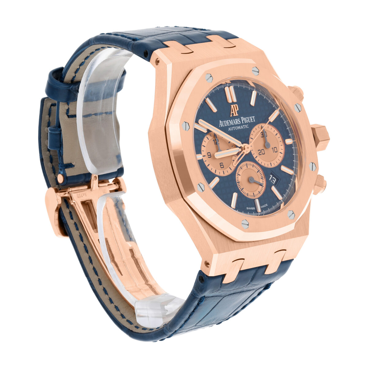 Audemars Piguet Royal Oak Chronograph Blue Dial Blue Leather Rose Gold Watch Replica