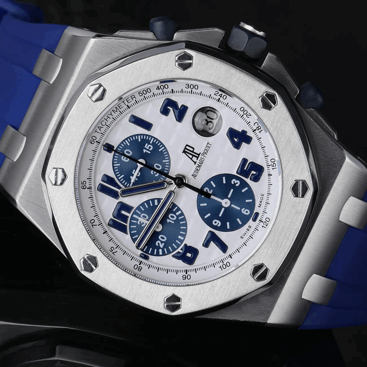 Audemars Piguet Royal Oak Chronograph Stainless Steel Watch Blue Rubber Strap Replica