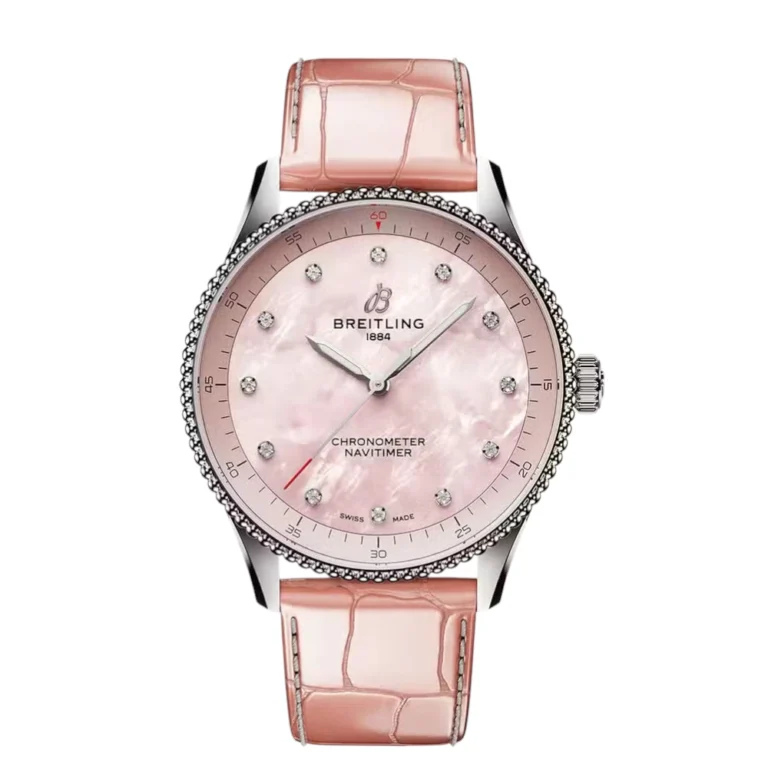 Breitling Navitimer 32mm Stainless Steel with Pink Alligator Leather Watch Pink MOP Diamond Dial Replica