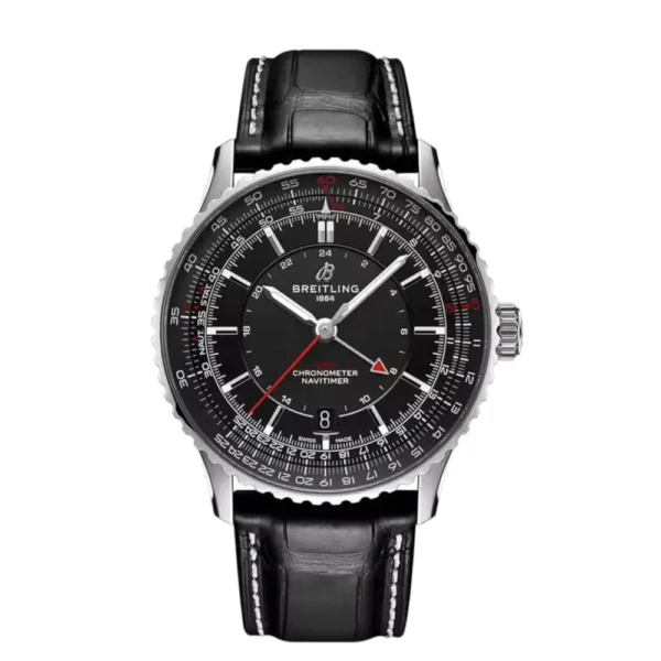 Breitling Navitimer GMT Stainless Steel with Black Leather Watch Black Dial Replica