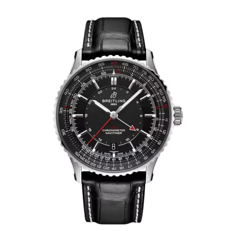 Breitling Navitimer GMT Stainless Steel with Black Leather Watch Black Dial Replica