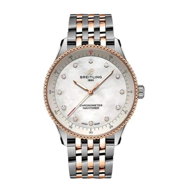 Breitling Navitimer 32mm Steel & Rose Gold Watch MOP Diamond Dial Replica