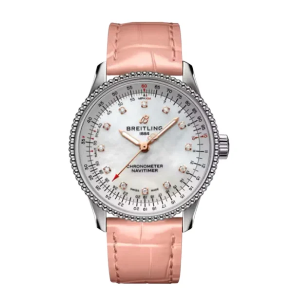 Breitling Navitimer 35mm Stainless Steel With Pink Leather Watch MOP Diamond Dial Replica