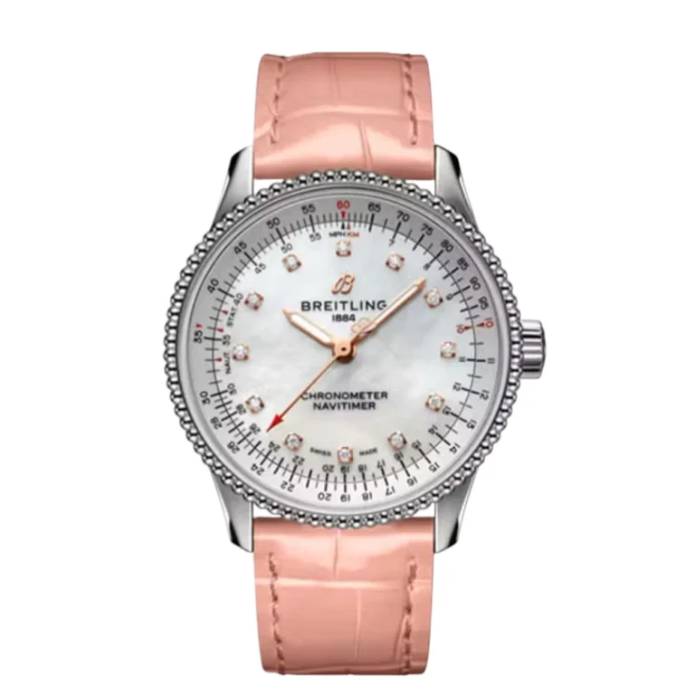 Breitling Navitimer 35mm Stainless Steel With Pink Leather Watch MOP Diamond Dial Replica