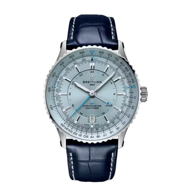 Breitling Navitimer GMT Stainless Steel with Blue Leather Watch Blue Dial Replica