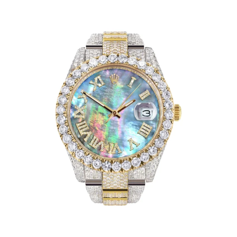 Diamond Iced Out Rolex Datejust 25 Carats Of Diamonds Abalone Mother Of Pearl Dial Two Tone Oyster Band Replica