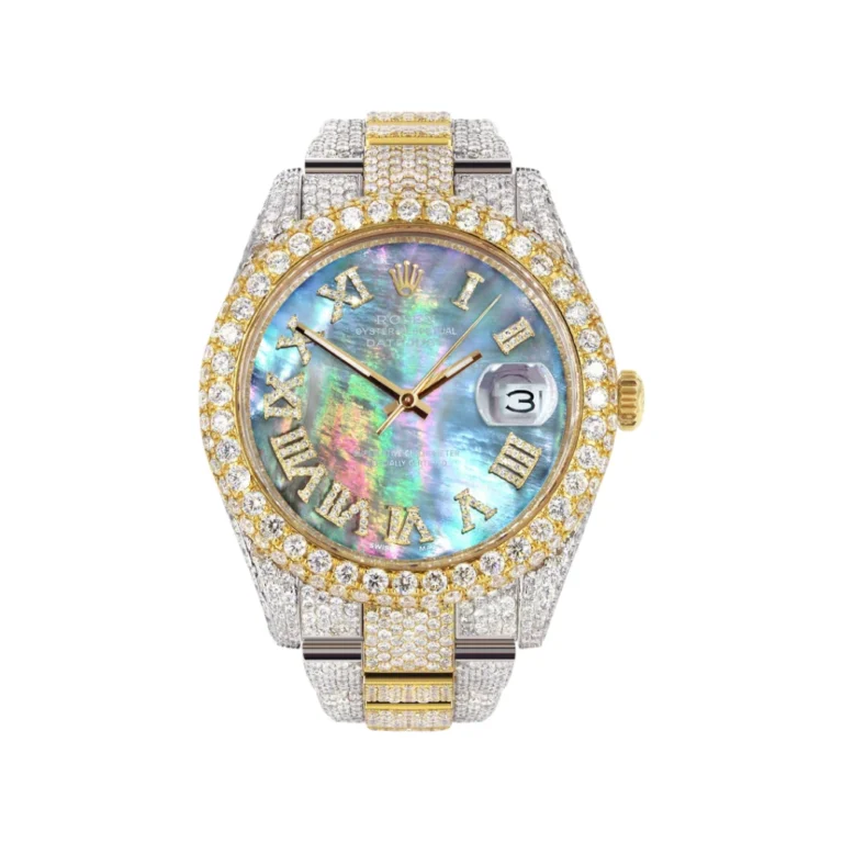 Diamond Iced Out Rolex Datejust 25 Carats Of Diamonds Abalone Mother Of Pearl Dial Two Tone Two Row Oyster Band Replica