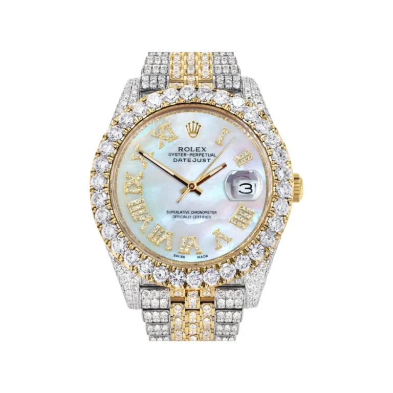 Diamond Iced Out Rolex Datejust 25 Carats Of Diamonds Abalone Mother of Pearl Dial Two Tone Jubilee Band Replica