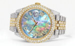 Diamond Iced Out Rolex Datejust 25 Carats Of Diamonds Abalone Mother of Pearl Dial Two Tone Two Row Jubilee Band Replica