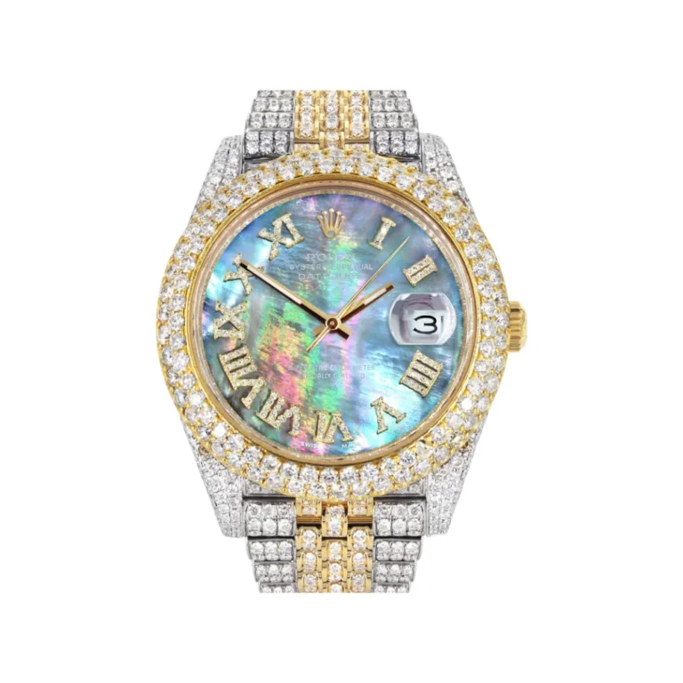 Diamond Iced Out Rolex Datejust 25 Carats Of Diamonds Abalone Mother of Pearl Dial Two Tone Two Row Jubilee Band Replica