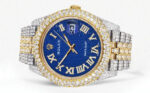 Diamond Iced Out Rolex Datejust 25 Carats Of Diamonds Blue Text Pattern Dial Two Tone Two Row Jubilee Band Replica