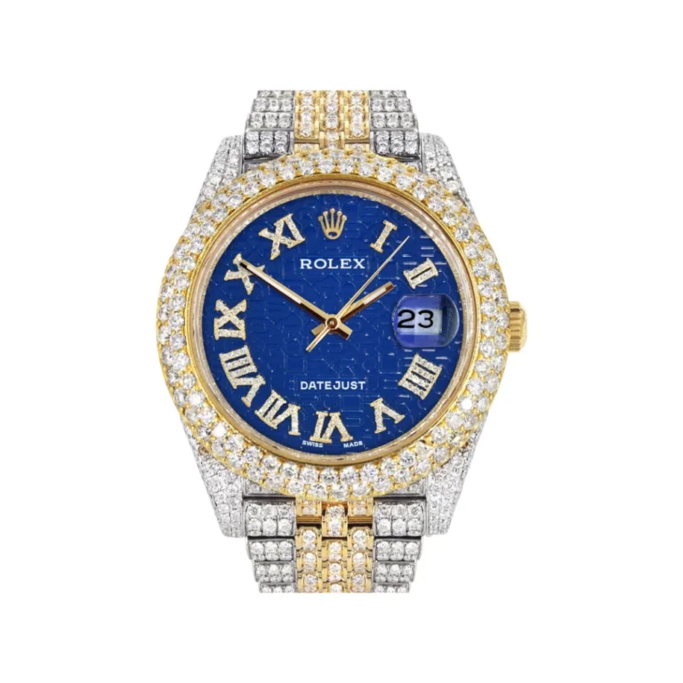 Diamond Iced Out Rolex Datejust 25 Carats Of Diamonds Blue Text Pattern Dial Two Tone Two Row Jubilee Band Replica
