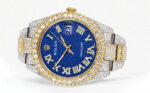 Diamond Iced Out Rolex Datejust 25 Carats Of Diamonds Blue Text Pattern Dial Two Tone Two Row Oyster Band Replica