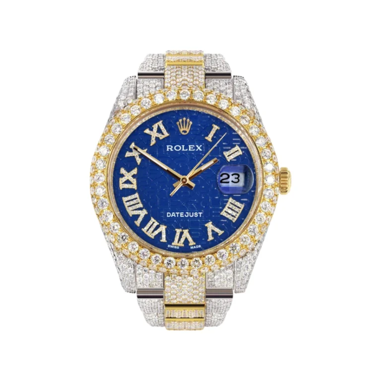 Diamond Iced Out Rolex Datejust 25 Carats Of Diamonds Blue Text Pattern Dial Two Tone Two Row Oyster Band Replica
