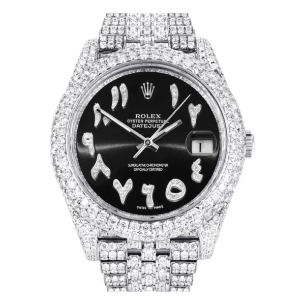 Diamond Iced Out Rolex Datejust 25 Carats Of Diamonds Custom Black Arabic Numeral Diamond Dial Two Row Jubilee Band Replica