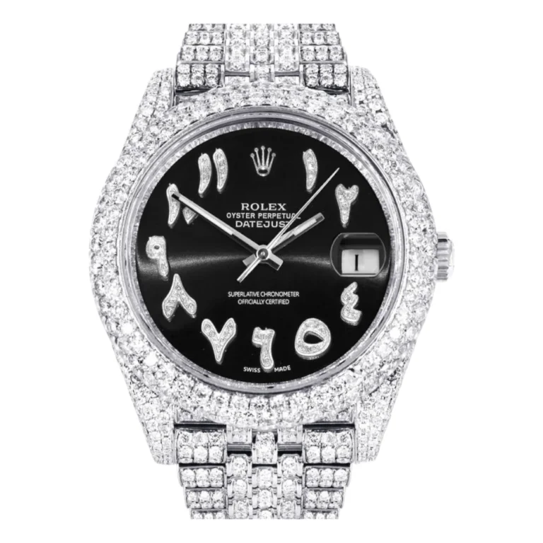 Diamond Iced Out Rolex Datejust 25 Carats Of Diamonds Custom Black Arabic Numeral Diamond Dial Two Row Jubilee Band Replica