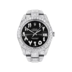 Diamond Iced Out Rolex Datejust 25 Carats Of Diamonds Custom Black Arabic Numeral Diamond Dial Two Row Oyster Band Replica