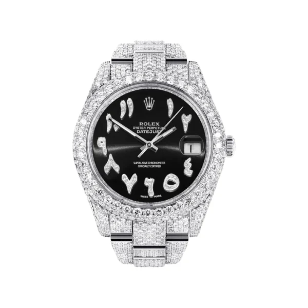 Diamond Iced Out Rolex Datejust 25 Carats Of Diamonds Custom Black Arabic Numeral Diamond Dial Two Row Oyster Band Replica