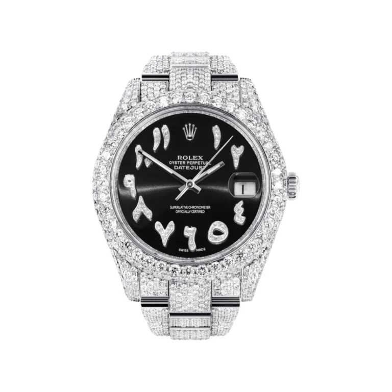 Diamond Iced Out Rolex Datejust 25 Carats Of Diamonds Custom Black Arabic Numeral Diamond Dial Two Row Oyster Band Replica