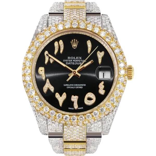 Diamond Iced Out Rolex Datejust 25 Carats Of Diamonds Custom Black Arabic Numeral Diamond Dial Two Tone Two Row Oyster Band Replica