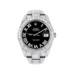 Diamond Iced Out Rolex Datejust 25 Carats Of Diamonds Custom Black Roman Numeral Diamond Dial Two Row Oyster Band Replica