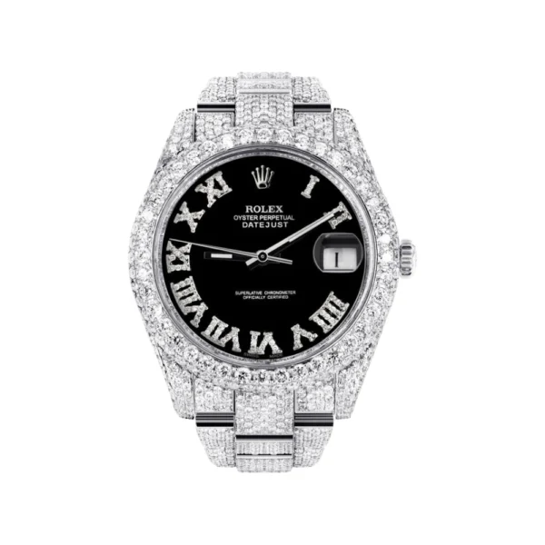 Diamond Iced Out Rolex Datejust 25 Carats Of Diamonds Custom Black Roman Numeral Diamond Dial Two Row Oyster Band Replica