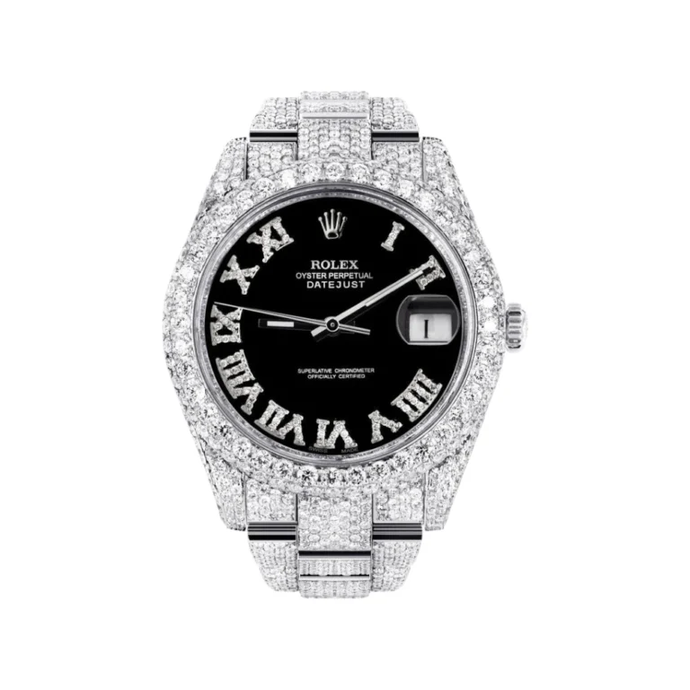 Diamond Iced Out Rolex Datejust 25 Carats Of Diamonds Custom Black Roman Numeral Diamond Dial Two Row Oyster Band Replica