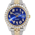 Diamond Iced Out Rolex Datejust 25 Carats Of Diamonds Custom Blue Arabic Numeral Dial Two Row Jubilee Band Replica