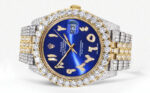 Diamond Iced Out Rolex Datejust 25 Carats Of Diamonds Custom Blue Arabic Numeral Dial Two Row Jubilee Band Replica