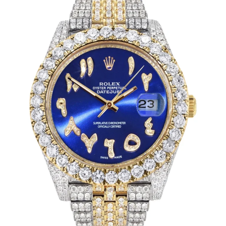 Diamond Iced Out Rolex Datejust 25 Carats Of Diamonds Custom Blue Arabic Numeral Dial Two Row Jubilee Band Replica