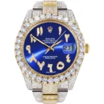 Diamond Iced Out Rolex Datejust 25 Carats Of Diamonds Custom Blue Arabic Numeral Diamond Dial Two Row Replica