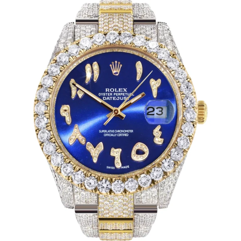 Diamond Iced Out Rolex Datejust 25 Carats Of Diamonds Custom Blue Arabic Numeral Diamond Dial Two Row Replica