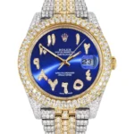 Diamond Iced Out Rolex Datejust 25 Carats Of Diamonds Custom Blue Arabic Numeral Diamond Dial Two Tone Two Row Jubilee Band Replica