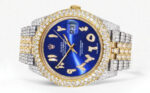 Diamond Iced Out Rolex Datejust 25 Carats Of Diamonds Custom Blue Arabic Numeral Diamond Dial Two Tone Two Row Jubilee Band Replica