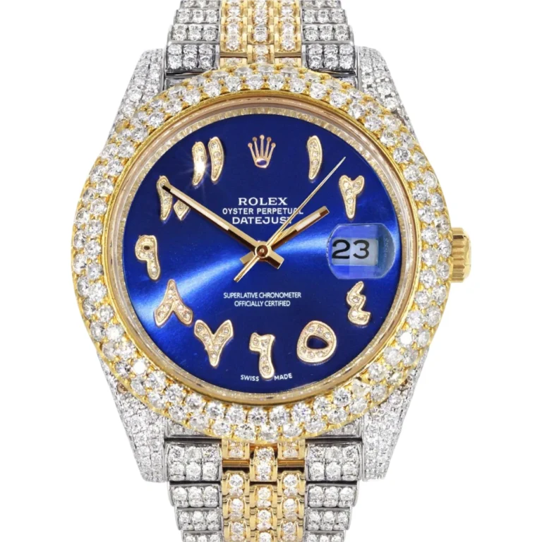 Diamond Iced Out Rolex Datejust 25 Carats Of Diamonds Custom Blue Arabic Numeral Diamond Dial Two Tone Two Row Jubilee Band Replica