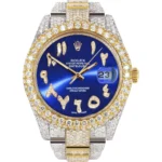 Diamond Iced Out Rolex Datejust 25 Carats Of Diamonds Custom Blue Arabic Numeral Diamond Dial Two Tone Two Row Oyster Band Replica