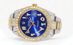 Diamond Iced Out Rolex Datejust 25 Carats Of Diamonds Custom Blue Arabic Numeral Diamond Dial Two Tone Two Row Oyster Band Replica