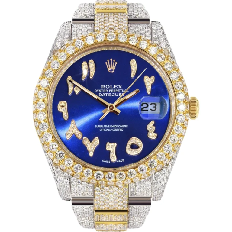 Diamond Iced Out Rolex Datejust 25 Carats Of Diamonds Custom Blue Arabic Numeral Diamond Dial Two Tone Two Row Oyster Band Replica