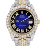 Diamond Iced Out Rolex Datejust 25 Carats Of Diamonds Custom Blue Black Roman Numeral Dial Replica