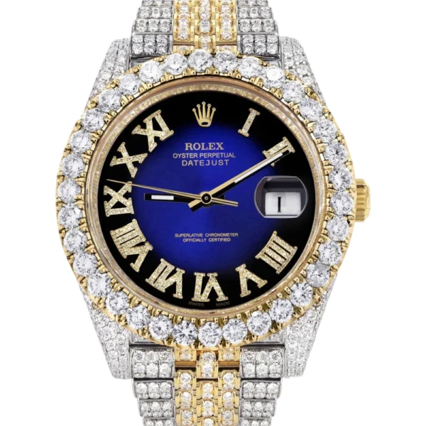 Diamond Iced Out Rolex Datejust 25 Carats Of Diamonds Custom Blue Black Roman Numeral Dial Replica