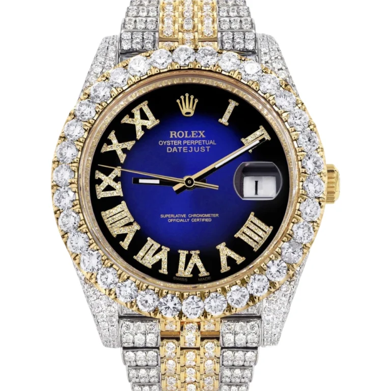 Diamond Iced Out Rolex Datejust 25 Carats Of Diamonds Custom Blue Black Roman Numeral Dial Replica
