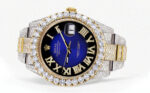 Diamond Iced Out Rolex Datejust 25 Carats Of Diamonds Custom Blue Black Roman Numeral Diamond Dial Replica