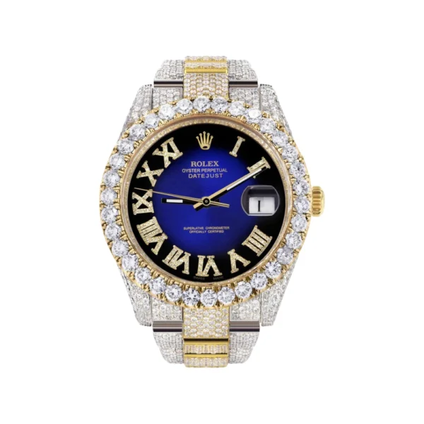 Diamond Iced Out Rolex Datejust 25 Carats Of Diamonds Custom Blue Black Roman Numeral Diamond Dial Replica