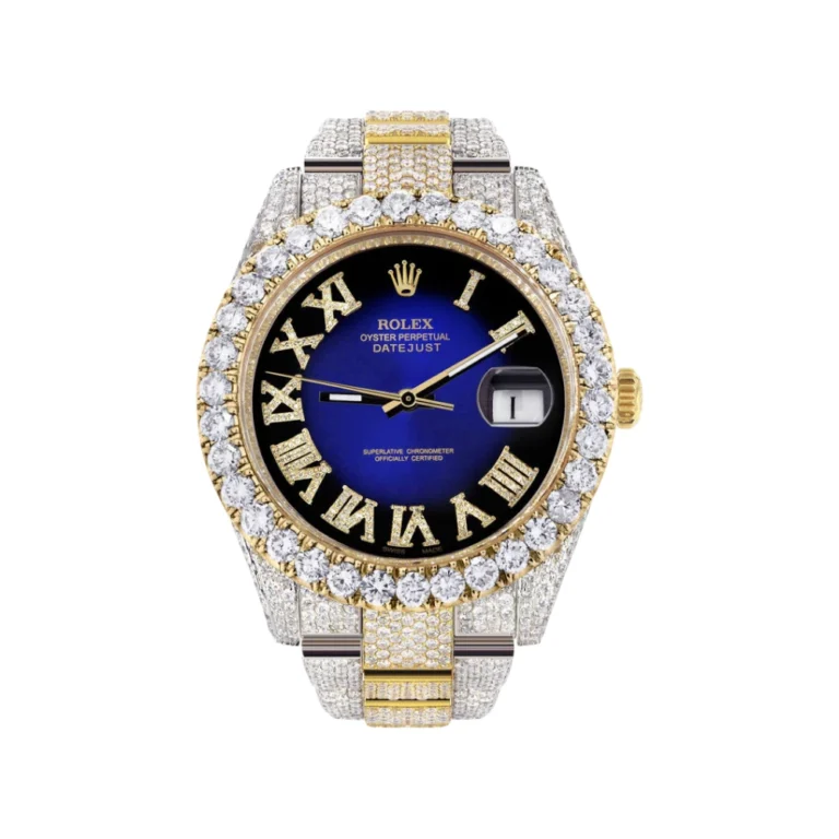 Diamond Iced Out Rolex Datejust 25 Carats Of Diamonds Custom Blue Black Roman Numeral Diamond Dial Replica