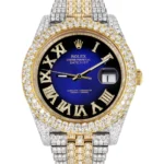 Diamond Iced Out Rolex Datejust 25 Carats Of Diamonds Custom Blue Black Roman Numeral Diamond Dial Two Tone Two Row Jubilee Band Replica