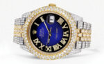 Diamond Iced Out Rolex Datejust 25 Carats Of Diamonds Custom Blue Black Roman Numeral Diamond Dial Two Tone Two Row Jubilee Band Replica